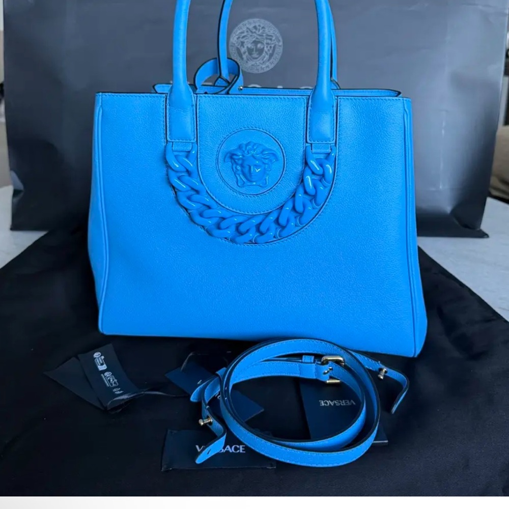 Versace La Medusa Large Chain Tote Bag Blue Women's Handbag crossbody purse - Picture 13 of 16